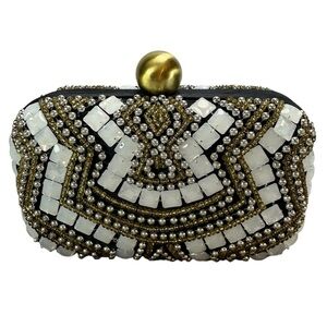 Santi India Beaded Evening Clutch Bag Hard Shell White & Gold on Black 7"W NWT